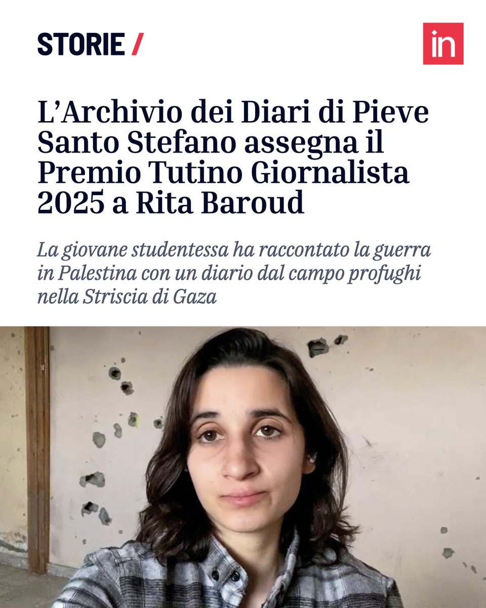 L'<a href="/archiviodiari/">Archivio dei diari</a>  dei diari di Pieve Santo Stefano ha deciso di attribuire a Rita Baroud il Premio Tutino Giornalista 2025 "Per esprimere gratitudine, per il suo contributo alla verità".

Il premio sarà consegnato da Gloria Argelés venerdì 19 settembre bit.ly/RitaBaroud
