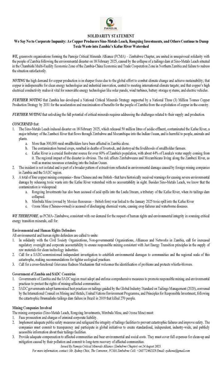 The Pamoja Critical Minerals Alliance warns of severe environmental and social impacts, calling for stronger mining oversight. With 50 million liters of acidic waste contaminating the Kafue River, urgent action is needed. #Zambia #Mining #EnvironmentalJustice <a href="/FMaguwu/">Farai Maguwu</a>