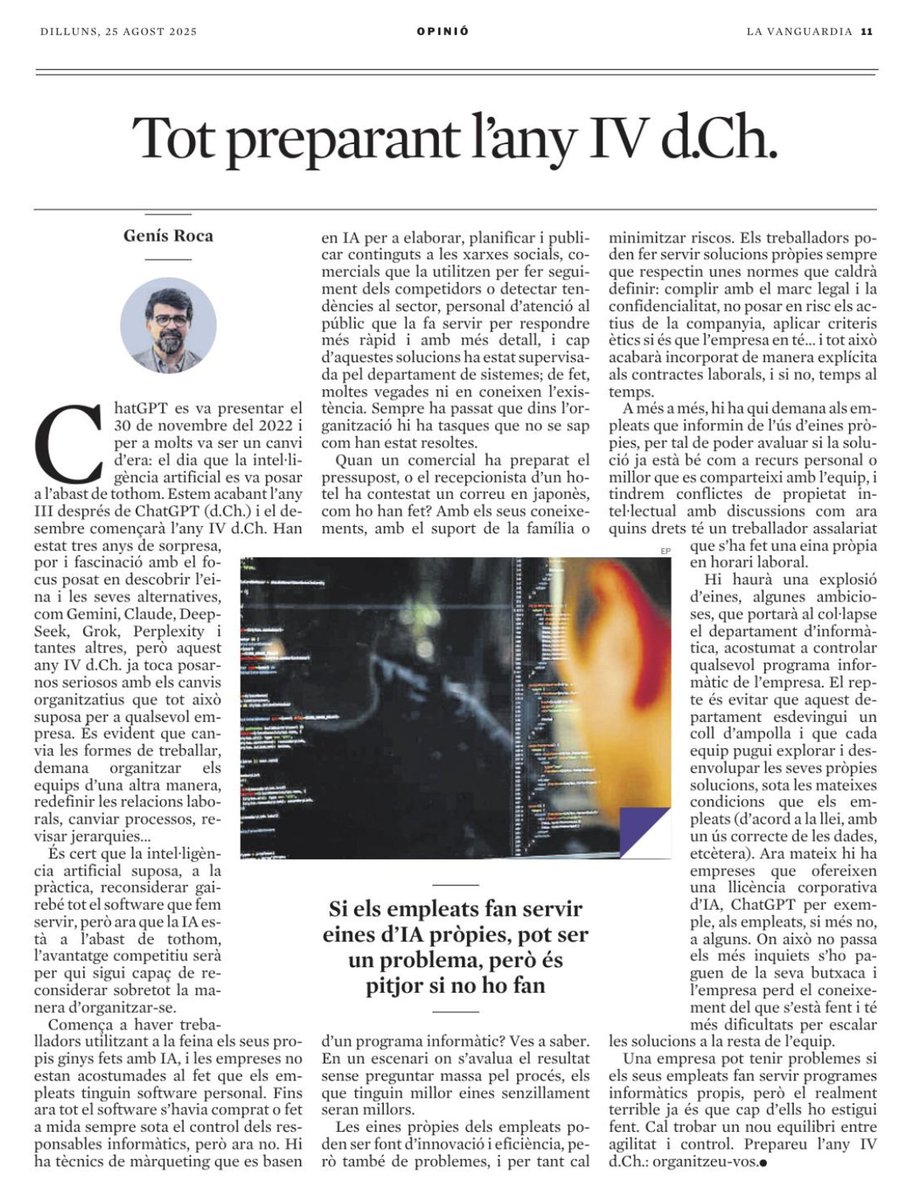 Una empresa pot tenir problemes si els seus empleats fan servir IA, però el realment terrible és que cap d’ells ho estigui fent.

lavanguardia.com/opinion/202508…