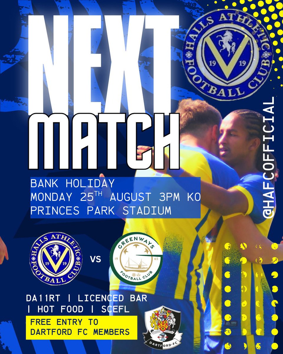 Halls Athletic FC (@hafcofficial) on Twitter photo Join us today at <a href="/dartfordfc/">Dartford FC</a> for the Southern Counties East Football League fixture <a href="/SCEFLeague/">Presence & Co. SCEFL League</a> - Halls AFC verses <a href="/GreenwaysFC/">Greenways FC</a> 3pm KO, main stadium #ComeOnHalls Join us today at <a href="/dartfordfc/">Dartford FC</a> for the Southern Counties East Football League fixture <a href="/SCEFLeague/">Presence & Co. SCEFL League</a> - Halls AFC verses <a href="/GreenwaysFC/">Greenways FC</a> 3pm KO, main stadium #ComeOnHalls