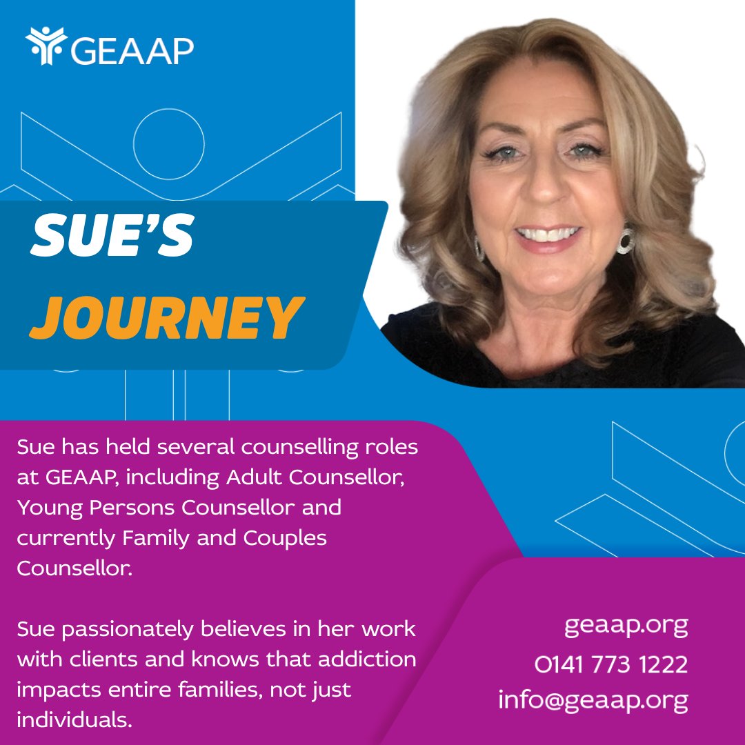 GEAAP (@geaap_official) on Twitter photo At GEAAP, Sue has held several counselling roles, including Adult Counsellor, Young Persons Counsellor and currently Family and Couples Counsellor.
Sue passionately believes in her work with clients and knows that addiction impacts entire families, not just individuals. At GEAAP, Sue has held several counselling roles, including Adult Counsellor, Young Persons Counsellor and currently Family and Couples Counsellor.
Sue passionately believes in her work with clients and knows that addiction impacts entire families, not just individuals.