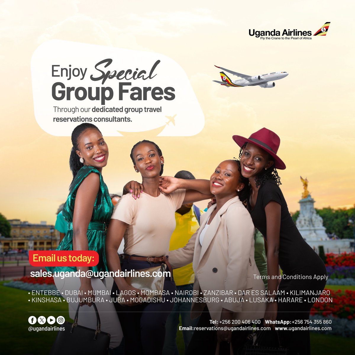 UG_Airlines's tweet photo. #URGroupFares Take advantage of our exclusive group fares for your summer adventure this Monday to any of our destinations! ☀️ 🏖️ 
Book now
📧 Email: sales.uganda@ugandairlines.com

#FlyUgandaAirlines #SummerTakeOff
T&amp;Cs Apply https://t.co/xSysA68zHp