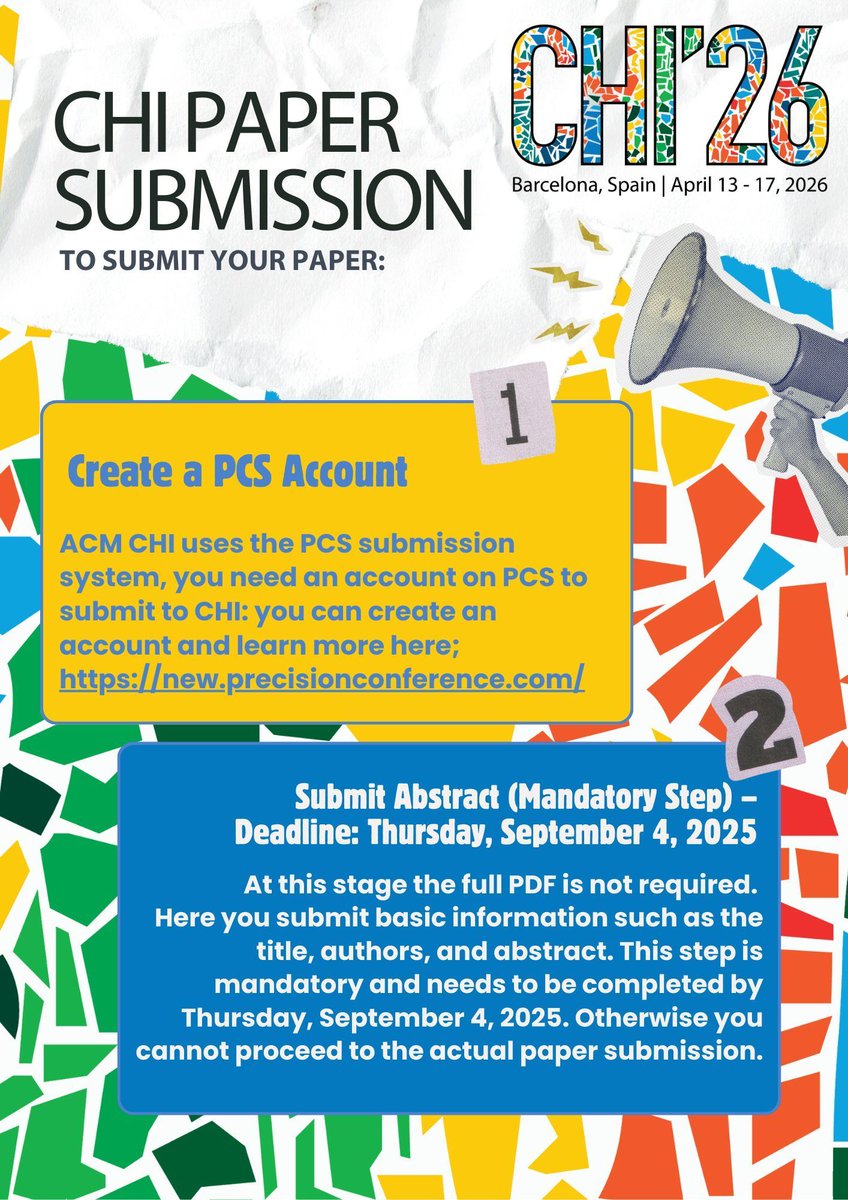 acm_chi's tweet image. 📢 CHI 2026 paper submissions deadline is approaching! 
Check the infographic for a quick overview — but don’t forget: formatting &amp;amp; anonymity rules are critical to ensure your paper is reviewed.
👉 Full step-by-step instructions + deadlines here: chi2026.acm.org/authors/papers…