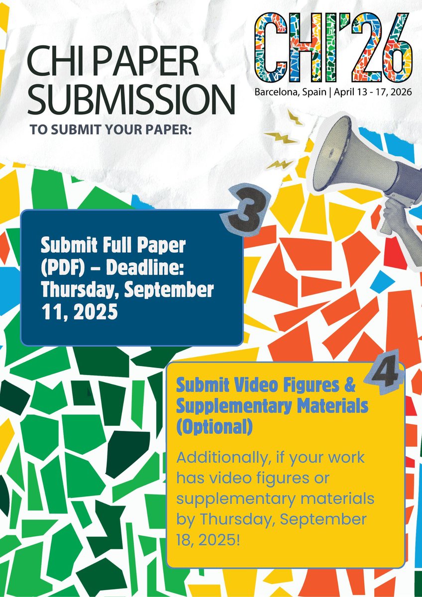 acm_chi's tweet image. 📢 CHI 2026 paper submissions deadline is approaching! 
Check the infographic for a quick overview — but don’t forget: formatting &amp;amp; anonymity rules are critical to ensure your paper is reviewed.
👉 Full step-by-step instructions + deadlines here: chi2026.acm.org/authors/papers…
