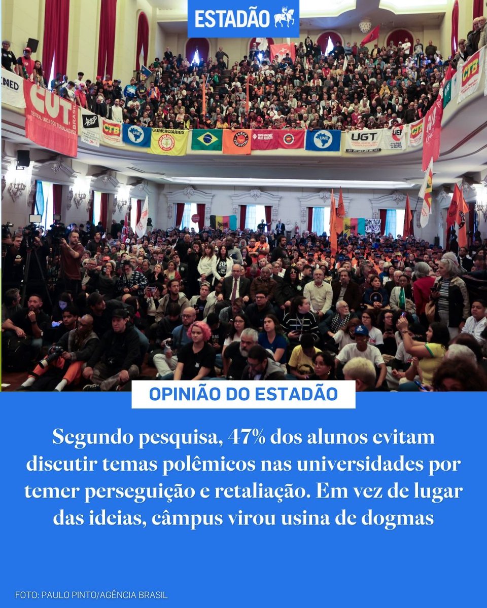 Estadao's tweet photo. EDITORIAL: O silêncio dos universitários – Uma academia sem dissenso não forma lideranças democráticas: fabrica inquisidores de toga acadêmica, adestrados para silenciar o adversário em vez de refutá-lo (@opiniao_estadao) > https://t.co/etn7Od7BuC https://t.co/qksDpIm6sY