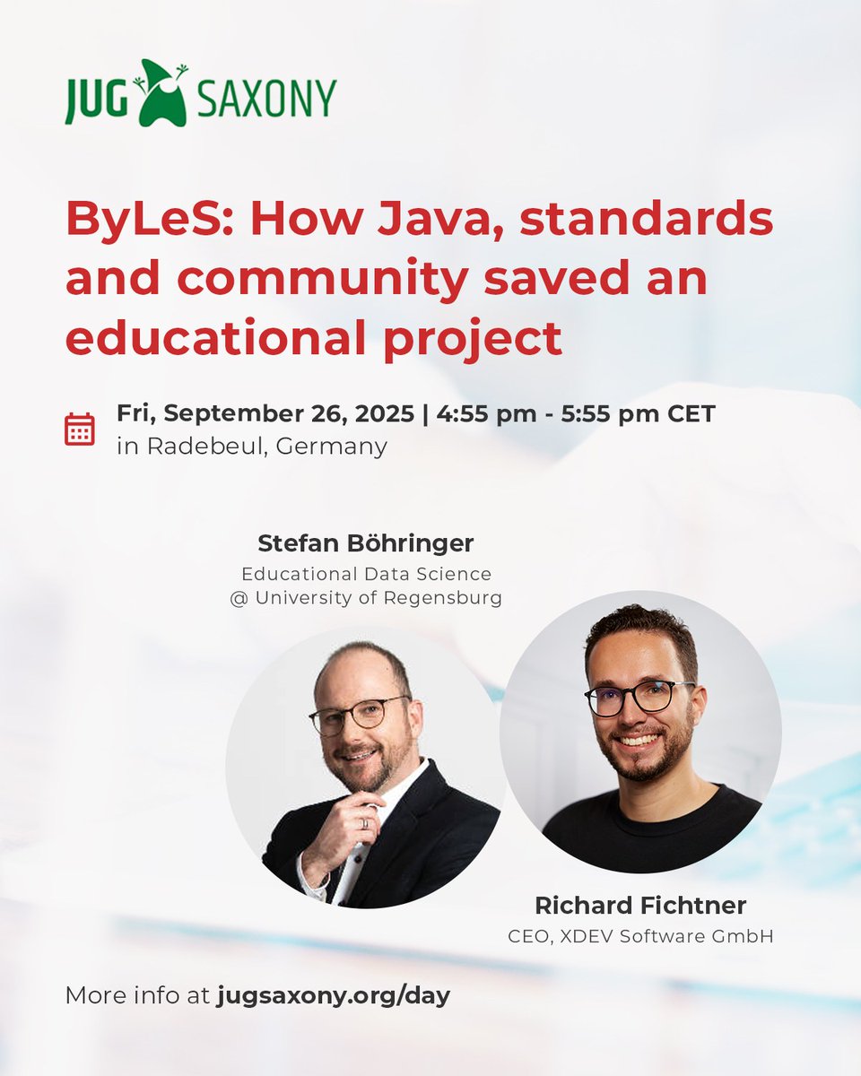 XDEVSoftware's tweet image. Don’t miss #JUG Saxony Day 2025 on Sep 26 🇩🇪! @RichardFichtner &amp;amp; Stefan Böhringer (Uni Regensburg) share how the ByLeS project became scalable and secure with Java, standards &amp;amp; a strong community. 

Secure Your Spot: jugsaxony.org/day

#Java #Quarkus #JakartaEE #Keycloak