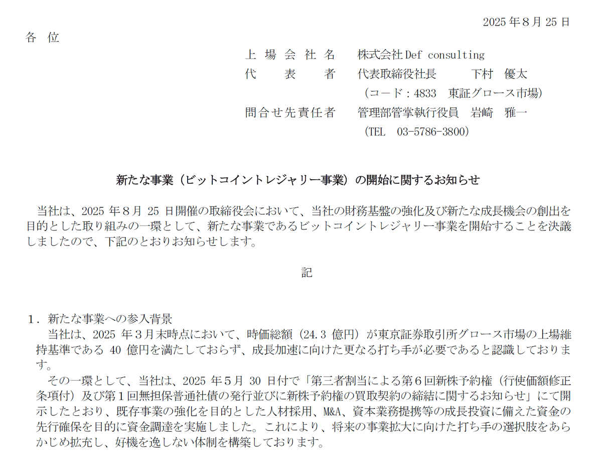コンサルティング業界もビットコインを保有する時代が始まります👂💼🤝 日本の上場企業Def consultingが、ビットコイン購入を発表しました。  まずは約50億円分を分散取得します 同社はかつて、地域密着型フリーペーパー「ぱど」で発行部数ギネス世界記録を獲得した会社です。