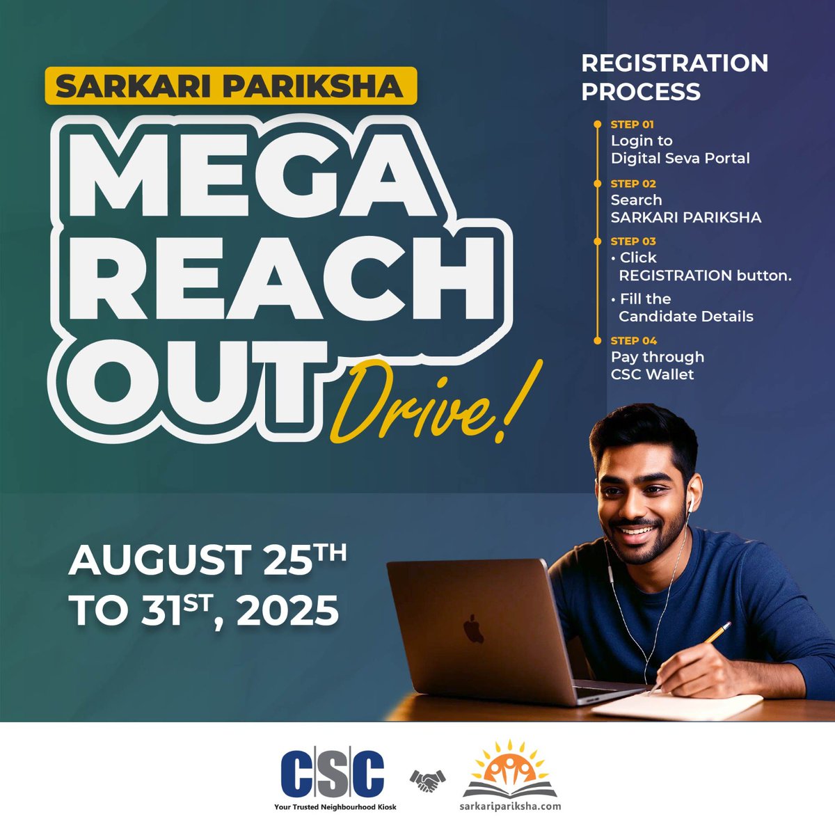 CSCegov_'s tweet image. Sarkari Pariksha Mega Reachout Drive - 25th to 31st August...
Register now through the Digital Seva Portal👉digitalseva.csc.gov.in
More Registration, More Commission!!
#CSC #CSCAcademy #SarkariPariksha #StateExam #CentralExam #ExamPreparation #CSC #CareerDevelopment…