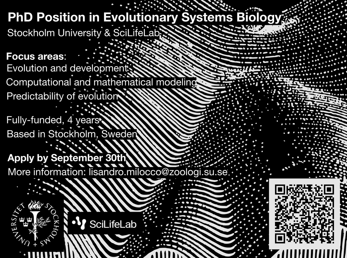 🚨 We're hiring!
PhD position in Evolutionary Systems Biology at Stockholm University &amp; SciLifeLab

🎓 Focus: evolution, development, computational &amp; mathematical modeling, prediction
📍 Stockholm, Sweden
🕒 4 years, fully-funded
🔍 Details: su.varbi.com/en/what:job/jo…

Please share!