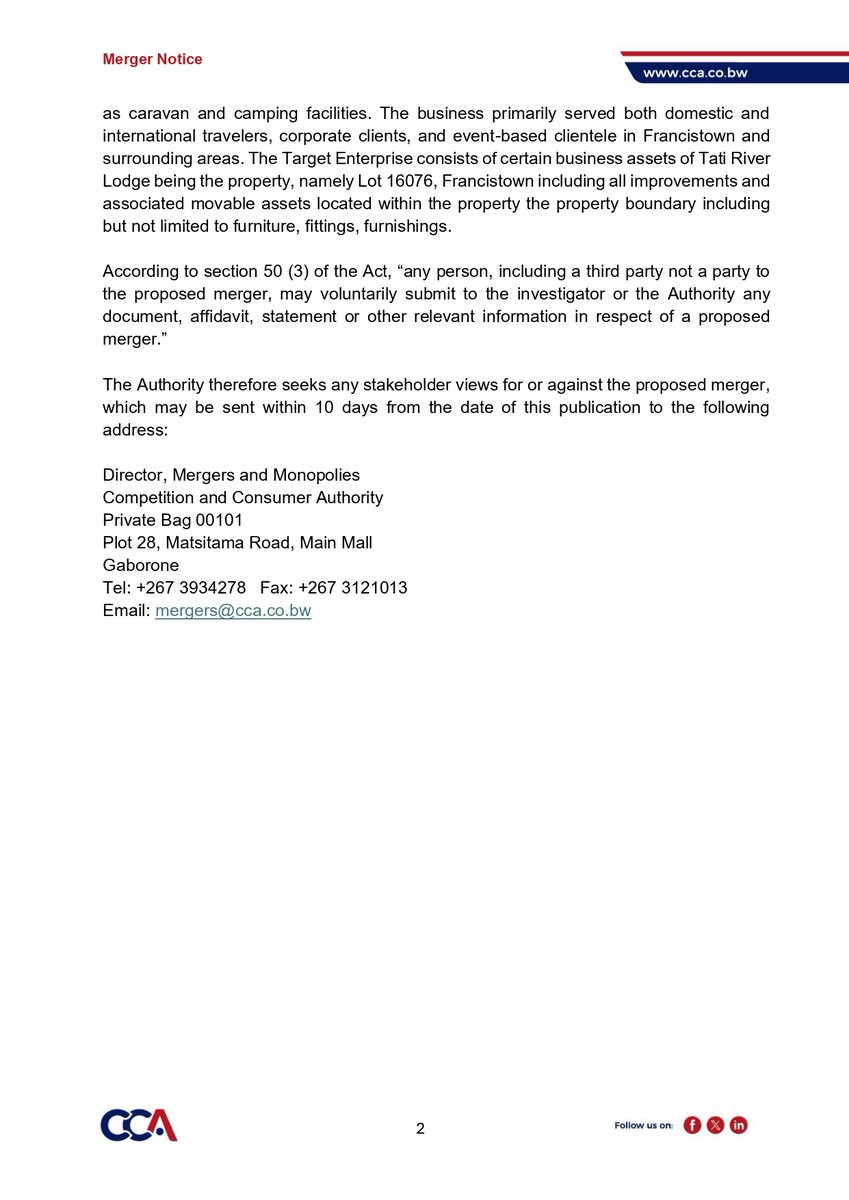Competition & Consumer Authority Botswana (@ccabotswana) on Twitter photo Merger Notice No 33 2025 - HSNV Mining and Tati River Lodge
#seekingstakeholderviews #CCAmergernotice #mergers #acquisitions #mergersandacquisitions #CCApublicnotice <a href="/CCABotswana/">Competition & Consumer Authority Botswana</a> Merger Notice No 33 2025 - HSNV Mining and Tati River Lodge
#seekingstakeholderviews #CCAmergernotice #mergers #acquisitions #mergersandacquisitions #CCApublicnotice <a href="/CCABotswana/">Competition & Consumer Authority Botswana</a>
