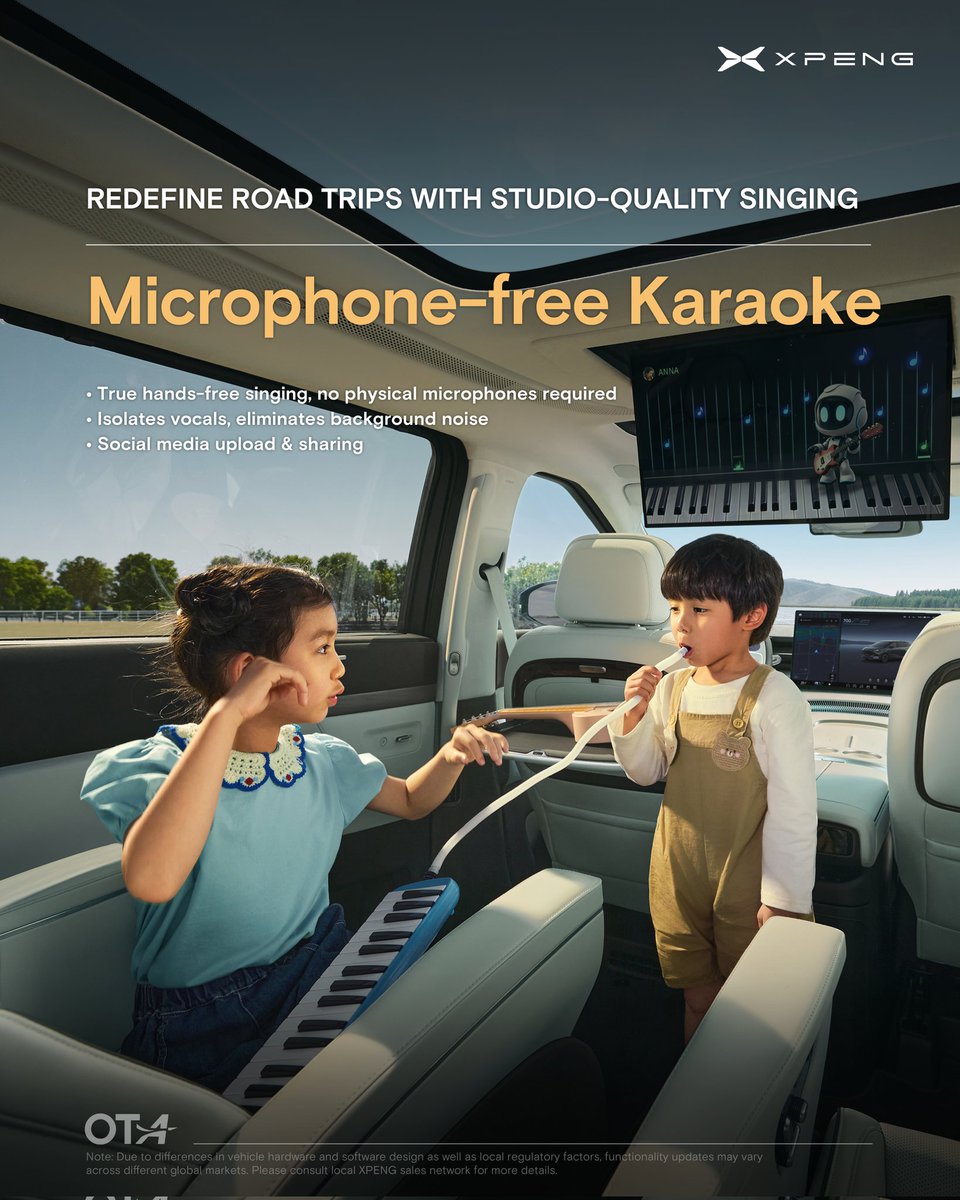 XPENG_Global's tweet photo. Discover what’s new in XOS 5.8.0 OTA — Drive Smarter, Feel the Joy! 
•Intelligent Driving works with you for smoother, safer control. 
•Mic-free karaoke for studio-quality road trip sing-alongs. 
•Pet Mode keeps pets safe and comfy. 
•Dash-cam gives confidence on every trip.$XPEV
