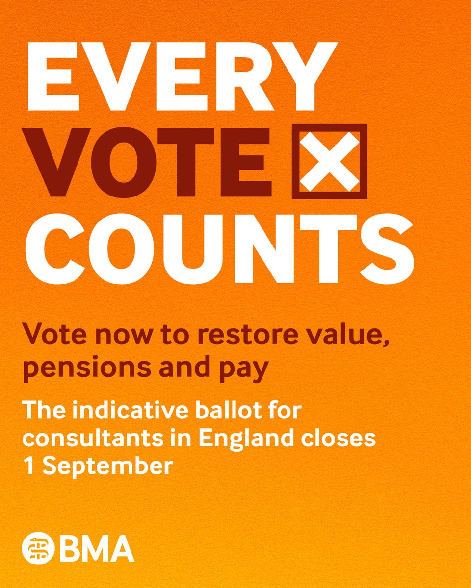 There's just one week left to vote in our indicative ballot for consultants in England.
 
Vote YES today and let us know you're ready to act to improve your pension and restore the value of the profession, alongside an increase in pay.
bma.org.uk/consultantspay