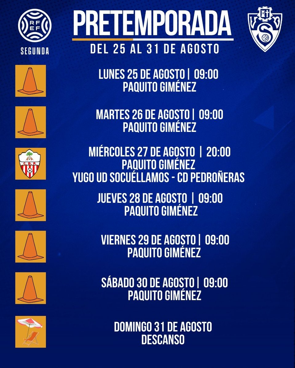 Yugo UD Socuéllamos 💙 (@yugouds) on Twitter photo 🏋️ PLANNING SEMANAL | Este es el plan de entrenamiento para esta semana
⚽ Última test de preparación antes de nuestro debut ante el Elche Ilicitano
🔜 <a href="/CDPedroneras/">C.D. Pedroñeras</a>
#VamosUnión 💙 🏋️ PLANNING SEMANAL | Este es el plan de entrenamiento para esta semana
⚽ Última test de preparación antes de nuestro debut ante el Elche Ilicitano
🔜 <a href="/CDPedroneras/">C.D. Pedroñeras</a>
#VamosUnión 💙