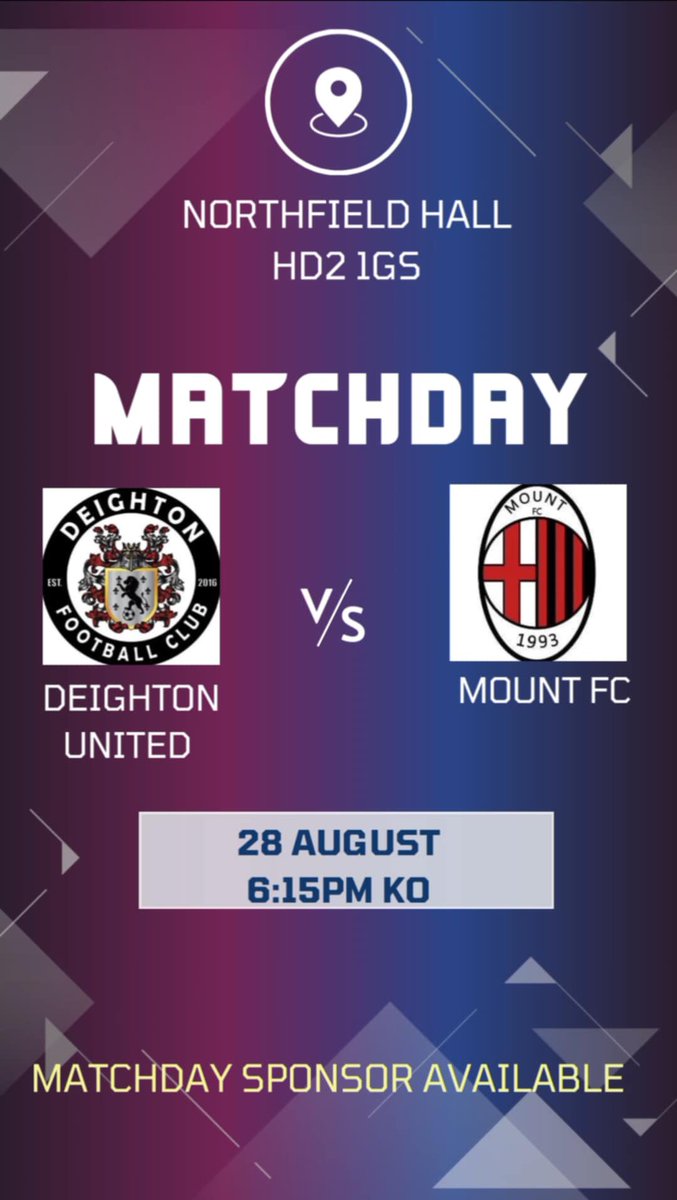 Deightonunited's tweet photo. After a long preseason, we look forward to welcoming Mount FC 1st team to Northfield Hall on Thursday evening for our first league game of the season as a new club!!!
Come down and support the lads!!! #deightonunited #grassrootsfootball #deighton #huddersfield https://t.co/ssHTNyCcxT