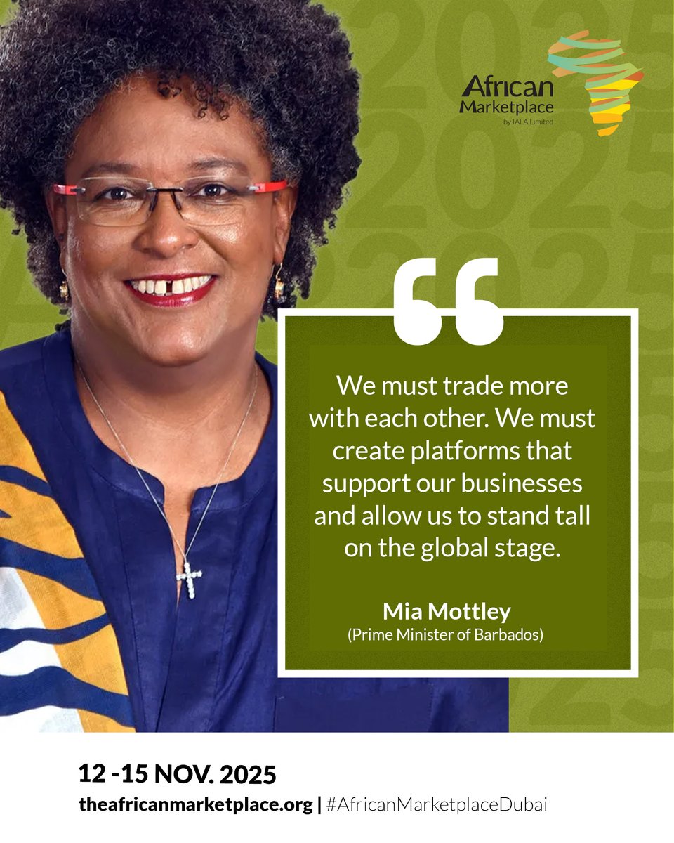 AfricanMarketHQ's tweet photo. Mia Mottley reminds us of the power of trading with each other. 🌍
That vision lives at African Marketplace, where Africa &amp; the Caribbean connect to the world.

📅 12–15 Nov 2025 | Dubai
🔗 https://t.co/S1Wwy7kwiy 

#AfricanMarketplace #AfricaToTheWorld #TradeNotAid #AMP2025 https://t.co/LseitTpoRK
