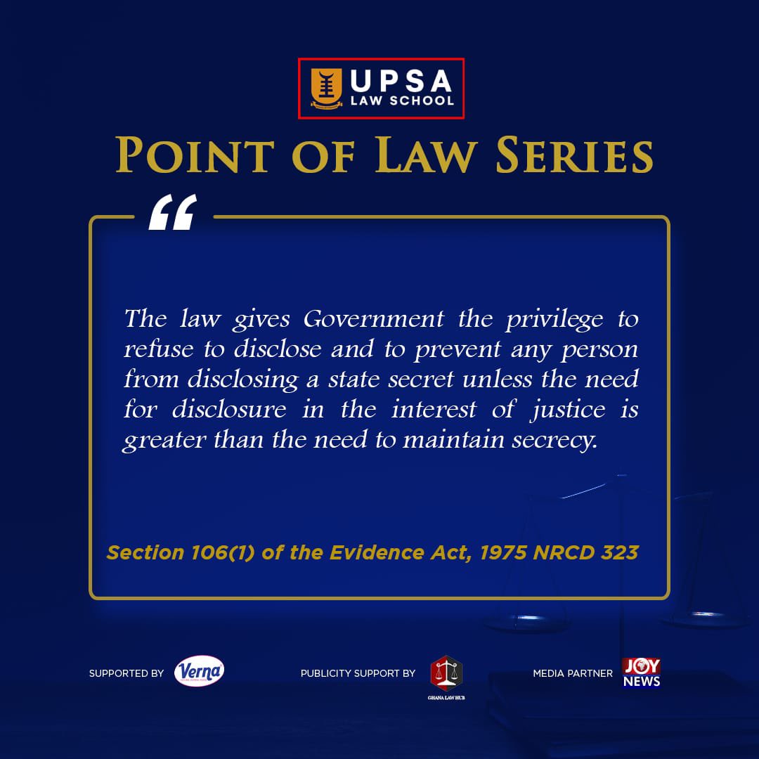 UPSALawSchool's tweet image. Did you know ?

Government has the right to prevent the disclosure of state secrets unless the disclosure is in the interest of justice

Learn more with us!

#UPSA #UPSALawSchool #SecurityAndDefence #LawAndOrder #NationalSecurity #StateSecurity