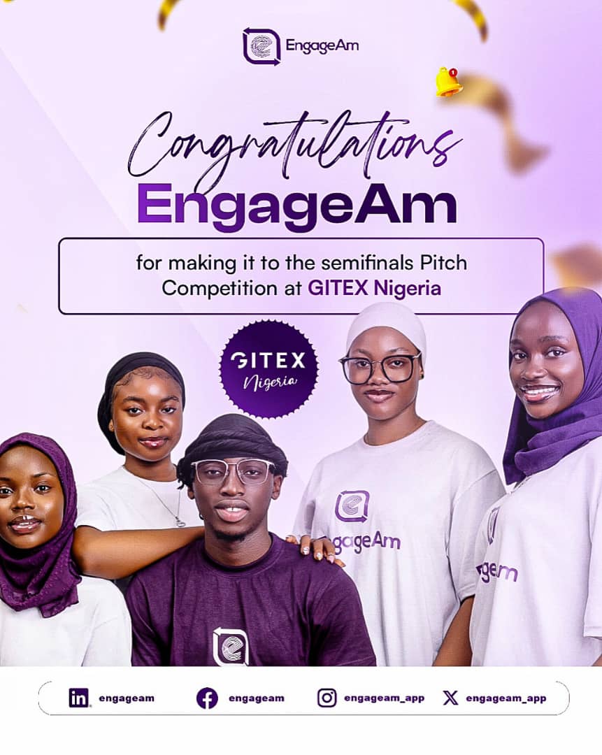 Congratulations to the EngageAm team for reaching the semifinals of the GITEX Nigeria Pitch Competition! 🎉 

#EngageAm #GITEXNigeria #SocialMediaGrowth