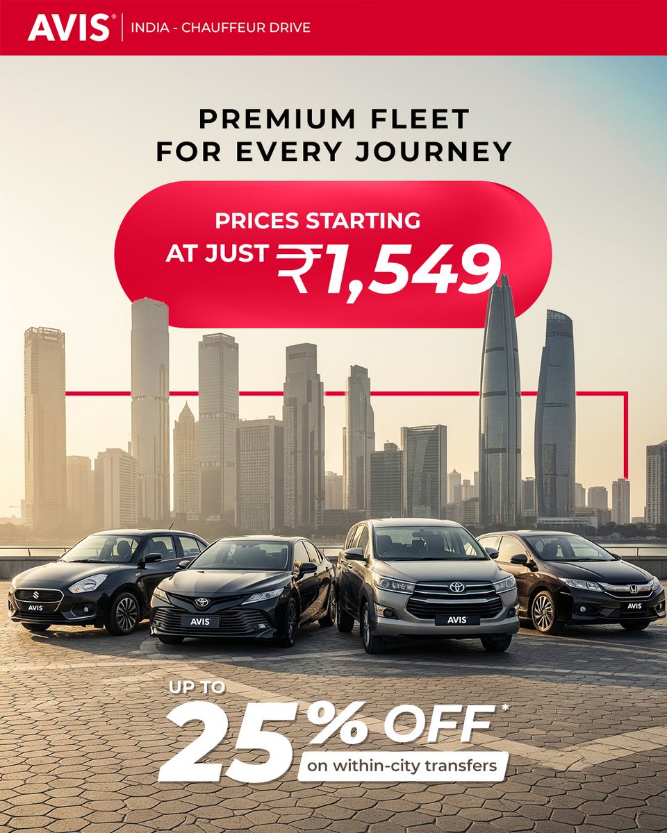 aviscarindia's tweet photo. Luxury made easy! πβ¨ Chauffeur-driven rides from just βΉ1,549.
Use code JOYOFJOURNEY for up to 25% OFF on within-city transfers.
Book now : https://t.co/Aw3uWamLda
#AvisIndia #LuxuryTravel #ChauffeurDriven #PremiumRides #UrbanLuxury #RideWithAvis https://t.co/0hy6vCmF7p