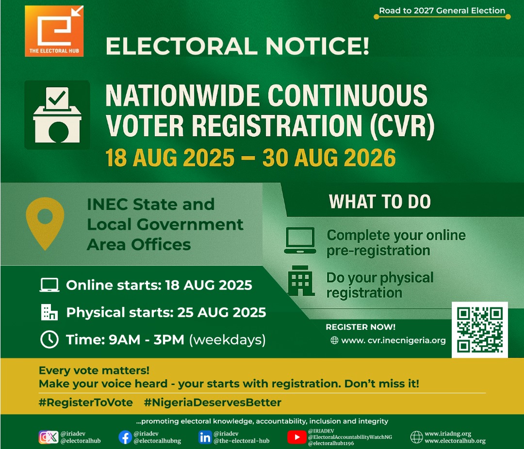 Electoral Notice!

Physical registration starts today. Visit any INEC State and LGA Offices close to you to register.

Complete your online pre-registration via this link: cvr.inecnigeria.org.

Don’t miss your chance to shape the future.

Register to vote now! 

Let us