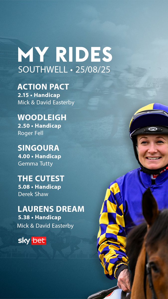 At <a href="/Southwell_Races/">Southwell Racecourse</a> today with 5 rides. Good luck to connections 🤞🏻
<a href="/SkyBet/">Sky Bet</a> #fingerscrossed