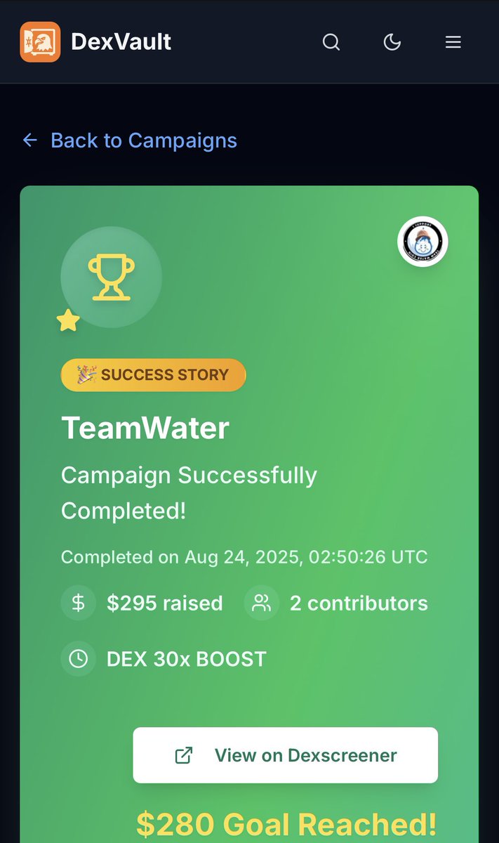 Goal hit! Thank you! 30x boost incoming. <a href="/The_DexVault/">DexVault</a> Awesome platform! Look forward to doing more campaigns in the future.