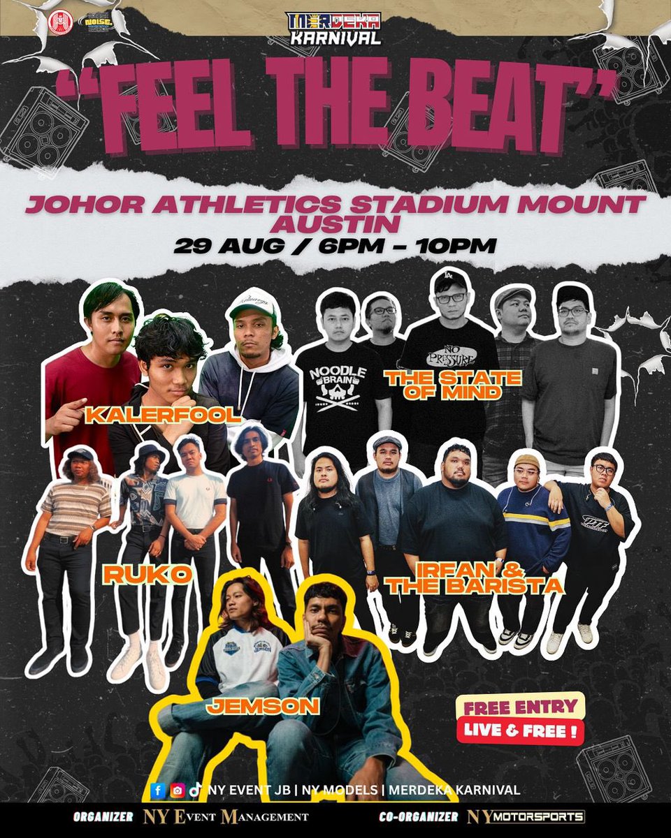 This Friday, 29 Aug we’re bringing the noise at FEEL THE BEAT – Merdeka Karnival 🎉🇲🇾

⏰ 6PM – 10PM
📍 Johor Athletics Stadium, Mount Austin
🎟️ FREE ENTRY – ALL ARE WELCOME!

Alongside : 
@thestateofmindsg 
<a href="/rukotheband/">RUKO</a> 
<a href="/Irfanandbarista/">Irfanandthebaristamy</a> 
<a href="/xjemsonx/">JEMSON 2025!</a> 

See you there!!!