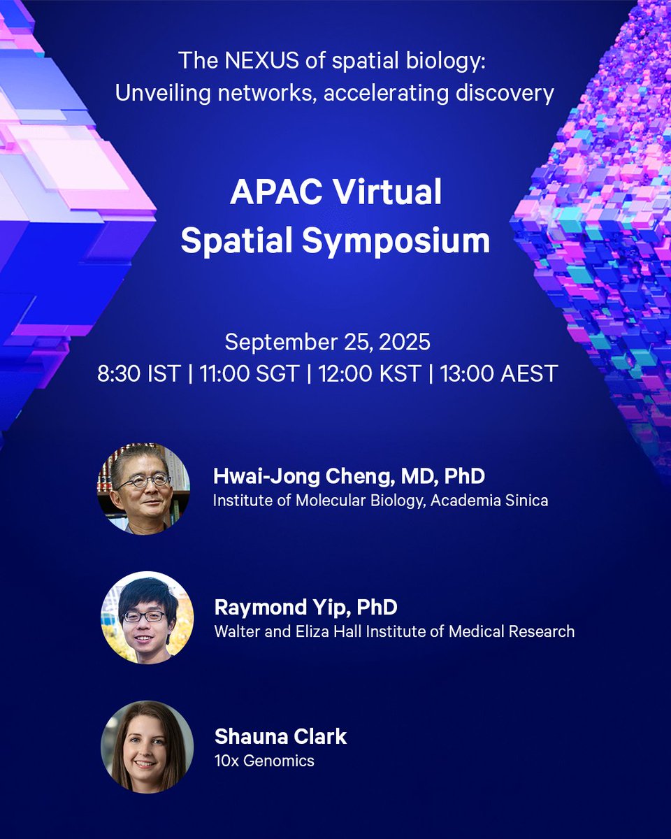 10xGenomics's tweet image. Join us, Dr. Hwai-Jong Cheng of Academia Sinica, and Dr. @rkhyipm of @wehi for a virtual symposium to explore how #spatial technologies like #Visium and #Xenium are revolutionizing our understanding of clinical and translational research.
Register: 10xgen.com/1PE