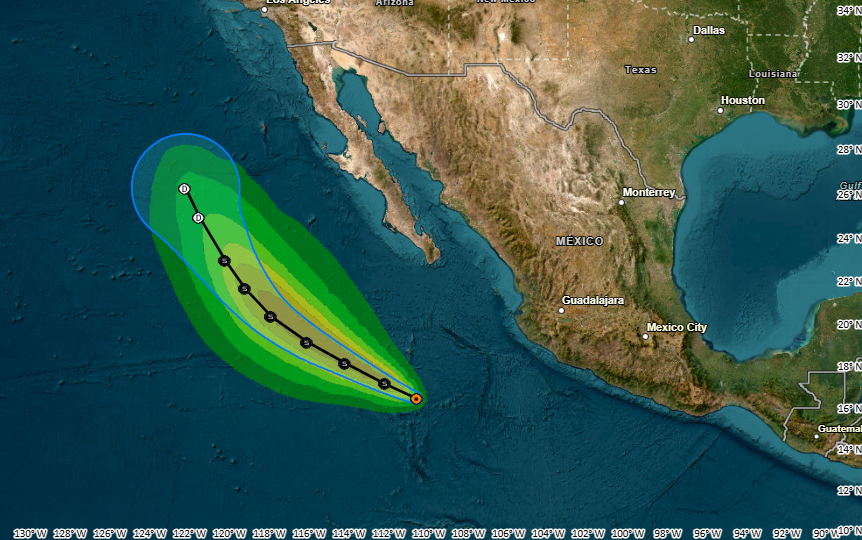 webcamsdemexico's tweet photo. La #DepresiónTropical #DiezE en el #Pacífico, al suroeste de #Jalisco. 🌀
Se localiza a 670 km al oeste-suroeste de #PlayaPérula, #Jal., y a 715 km al sur de #CaboSanLucas, #BCS., con vientos máximos sostenidos de 55 km/h y rachas de 75 km/h.
Continúa su desplazamiento hacia el oeste-noroeste a 20 km/h.
Su circulación refuerza la probabilidad de lluvias en el occidente mexicano.
En las próximas horas podría convertirse en #TormentaTropical.