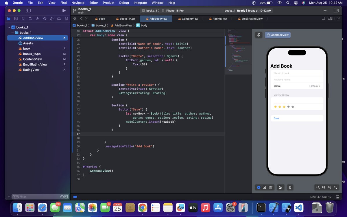 AtharvChoughule's tweet image. Day 54 of #100DaysOfSwiftUI: Created books with SwiftData, built a custom star rating view, and learned to display data in a list using @Query. Great practice tying data models to SwiftUI views.
#SwiftUI #SwiftData #iOSDev #100DaysOfCode