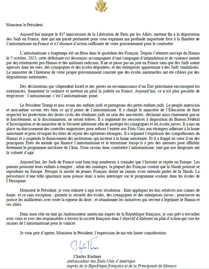 Bravo a Charles Kuchner ! Macron restera celui qui est félicité par le #Hamas et accusé de laisser prospérer l'antisémitisme par l'ambassadeur américain.  la France est tombée bien bas ! 
<a href="/EmmanuelMacron/">Emmanuel Macron</a> <a href="/USAmbFrance/">Ambassador Charles Kushner</a> <a href="/GabeScheinmann/">Gabriel Scheinmann</a> <a href="/francediplo/">France Diplomatie 🇫🇷🇪🇺</a> <a href="/Le_CRIF/">CRIF</a> <a href="/IsraelenFrance/">Ambassade d'Israël en France</a>