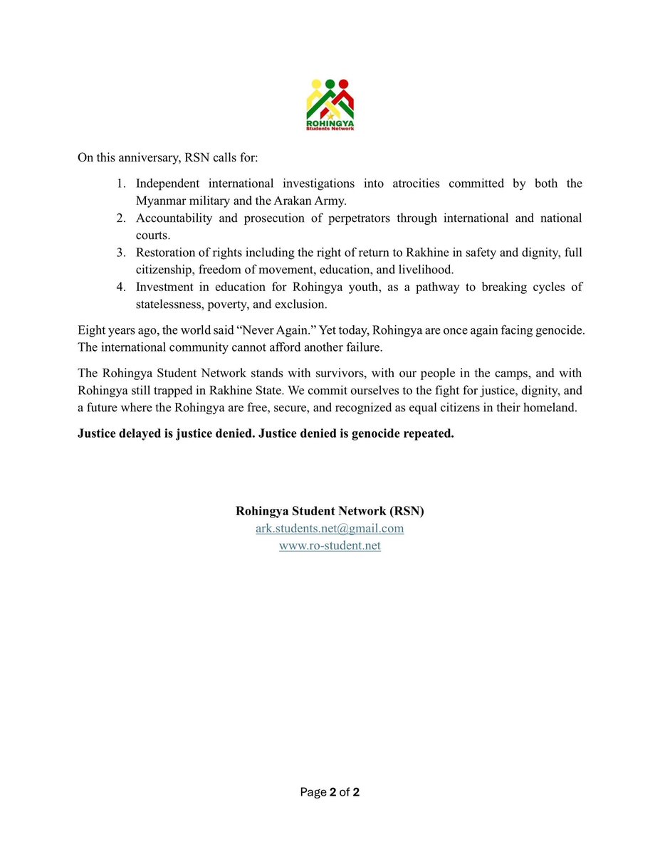 Myanmar’s military killed thousands of Rohingya and forced over 700,000 to flee. 8 years later, justice has not come.

Rohingya still suffer atrocities, this time by both the military and the Arakan Army. The genocide is not history, it is ongoing.

🔗 ro-student.net/post/rohingya-…