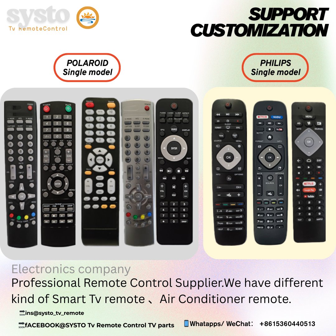 SystoRemote's tweet image. Support customization👉POLAROID Single model
👉PHILIPS Single model
Multiple models are available for selection.More models can be customized.
🔗systo.hk
🔗linktr.ee/SystoOfficial
📱WhatsApp/WeChat：8615360440513

#tv #tvremotecontrol #tvremote #customized