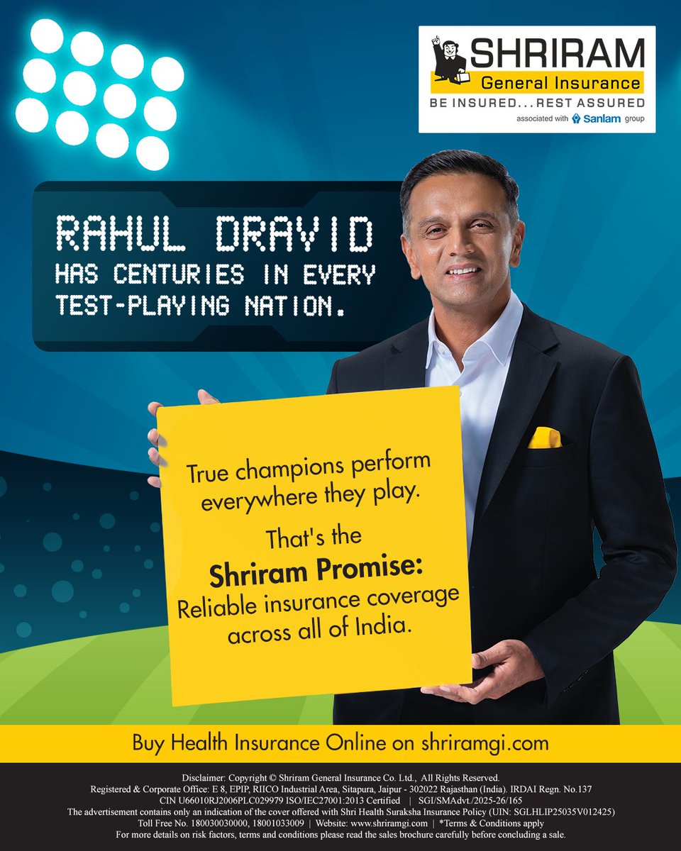 Shriram_GI's tweet image. 🏏 Rahul Dravid scored centuries in every Test-playing nation.
✅ True champions deliver everywhere.
That’s the Shriram promise - reliable insurance coverage across every corner of India.

Get insured at shriramgi.com/shri-health-su…

#RahulDravid #TrueChampion #InsuranceForAll #SGI