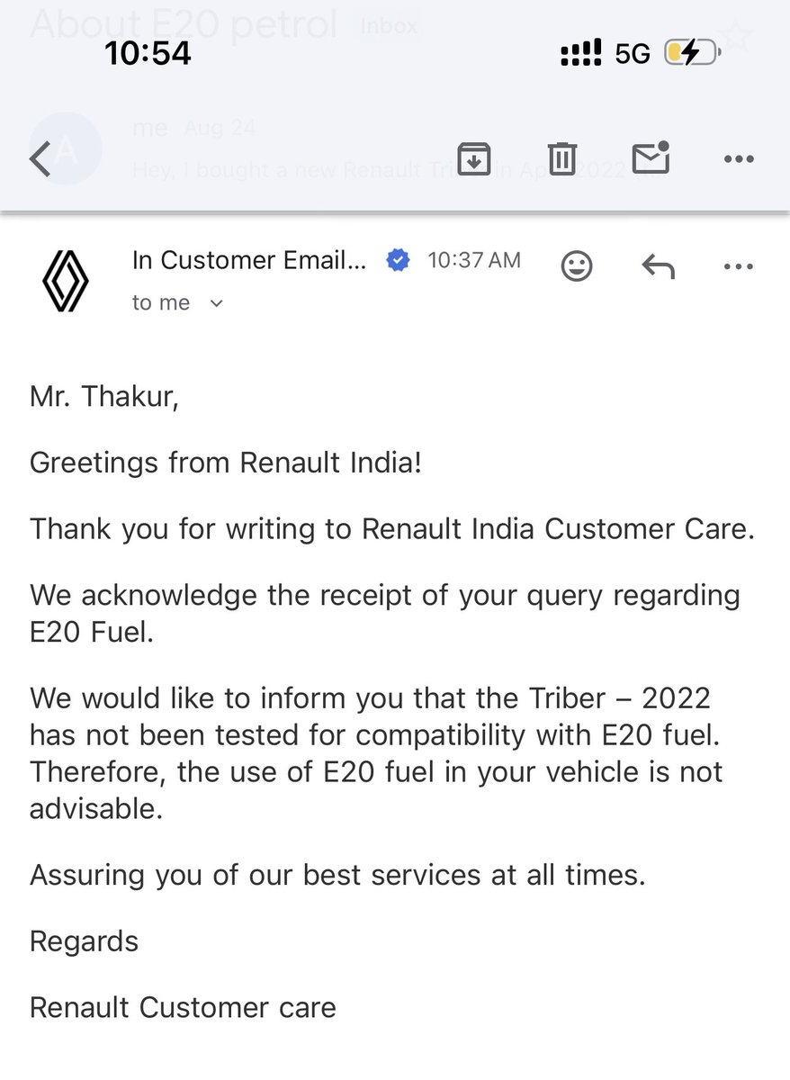 Ankur (@iankurthakur) on Twitter photo Renault advises against using E20 petrol in my 2022 car. What should I do now? This is a new car and we’ve done just 13000 kilometers in 3 years.
<a href="/nitin_gadkari/">Nitin Gadkari</a> <a href="/PetroleumMin/">Ministry of Petroleum and Natural Gas #MoPNG</a> <a href="/HPCL/">Hindustan Petroleum Corporation Limited</a> <a href="/BPCLimited/">Bharat Petroleum</a> <a href="/ChairmanIOCL/">ChairmanIOC</a> <a href="/IndianOilcl/">Indian Oil Corp Ltd</a> <a href="/volklub/">Sunderdeep - Volklub</a> <a href="/kapsology/">Kapil</a> Renault advises against using E20 petrol in my 2022 car. What should I do now? This is a new car and we’ve done just 13000 kilometers in 3 years.
<a href="/nitin_gadkari/">Nitin Gadkari</a> <a href="/PetroleumMin/">Ministry of Petroleum and Natural Gas #MoPNG</a> <a href="/HPCL/">Hindustan Petroleum Corporation Limited</a> <a href="/BPCLimited/">Bharat Petroleum</a> <a href="/ChairmanIOCL/">ChairmanIOC</a> <a href="/IndianOilcl/">Indian Oil Corp Ltd</a> <a href="/volklub/">Sunderdeep - Volklub</a> <a href="/kapsology/">Kapil</a>