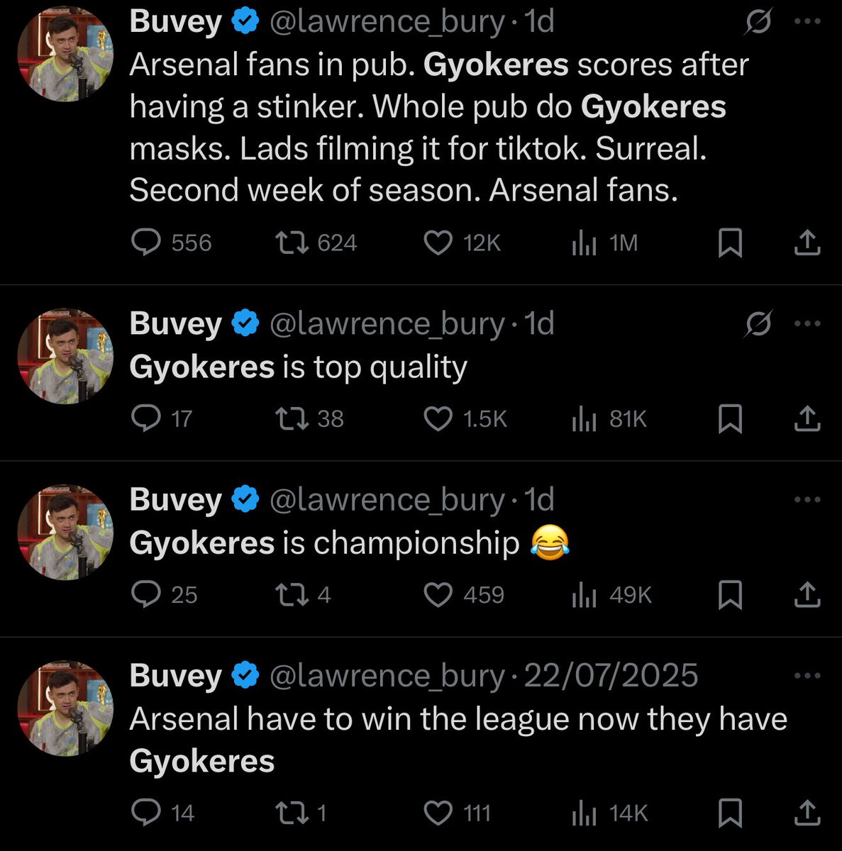 English audiences have given footy related platforms to some of the least talented idiots on the planet, whether it’s a gimmick or not. 

Buvey, AbzBusquets, Tom Garratt having an audience is another indicator of declining GCSE scores