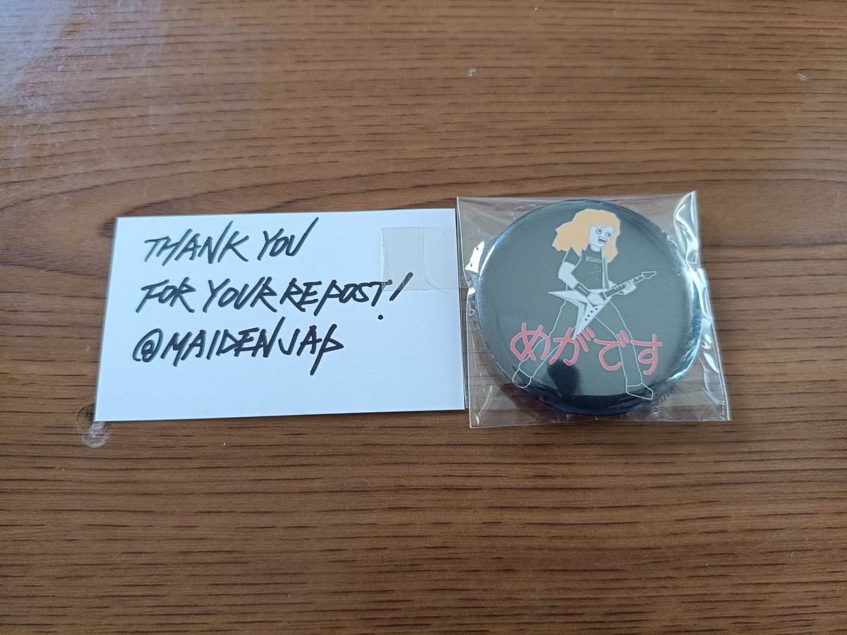 【着荷❗️】
メイデンさんプレゼント第520回の『原宿ロックメタルTシャツ　メガデスVer.非売品缶バッヂ』着荷致しました❗️🤘😎🤘
コロナに掛かってめげてる時に、気持ちを上向ける嬉しいお知らせ❗️
メイデンさん、おめでとうポストを下さった皆様、ありがとうございます❗️🙇‍♂️
<a href="/maidenjap/">メイデン</a>