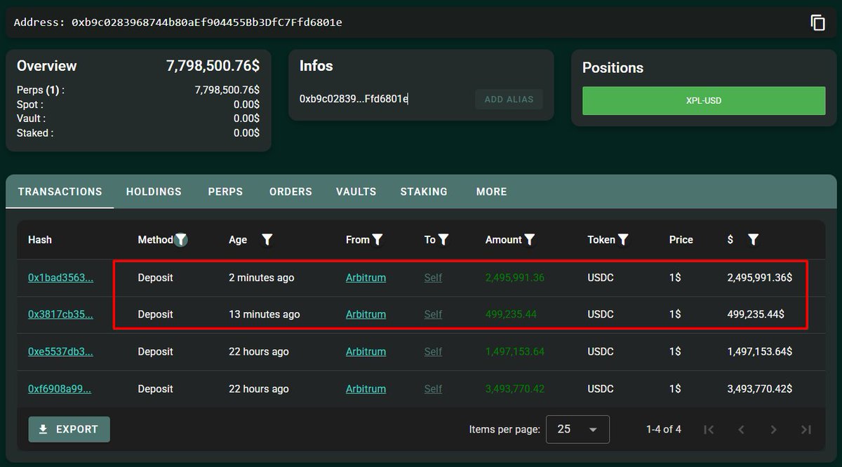 Screenshot of whale's recent USDC deposits on Hyperliquid