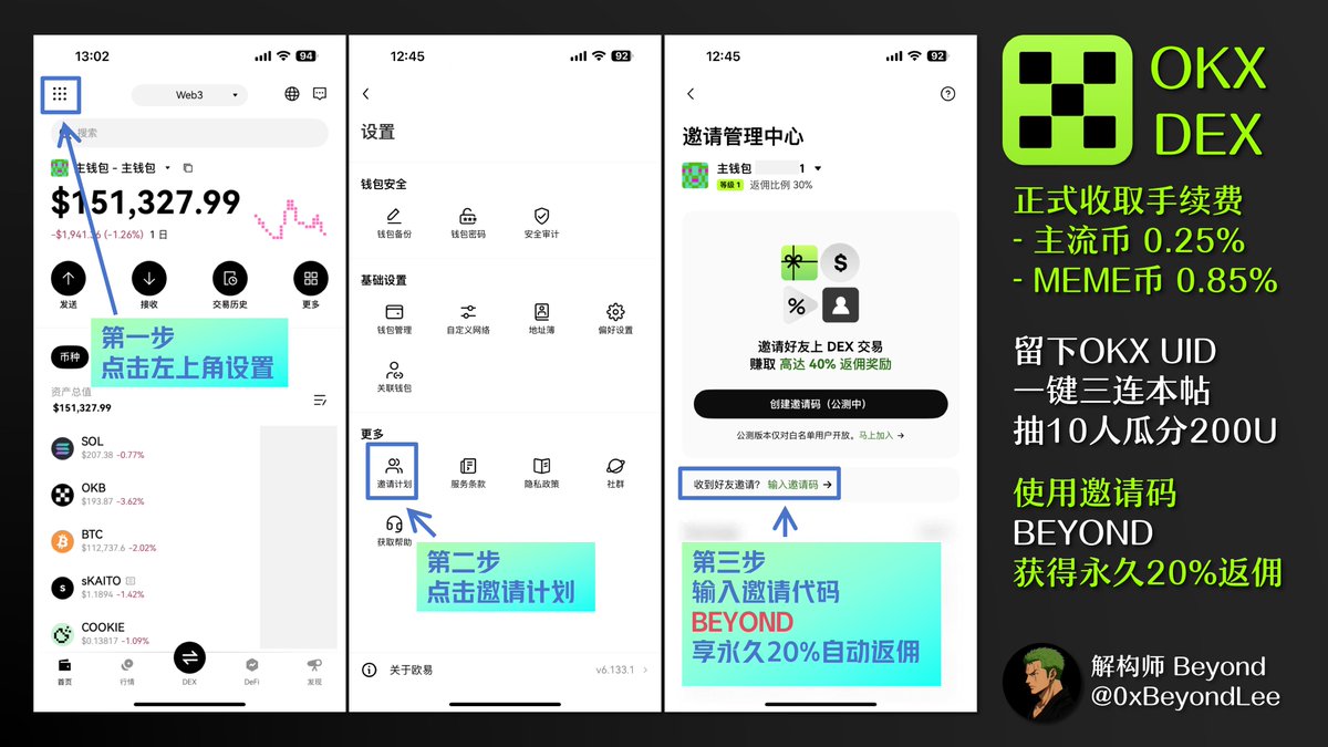 绝对是改变链上格局的一次重要商业行为！

🎁 评论 OKX UID 一键三连此贴，随机抽 10 人瓜分 200U！

作为全宇宙最好用的 OKX DEX 正式收取手续费：
- 主流币 0.25%，MEME币 0.85%
- 相较于 GMGN 等 DEX 通用的 1% 属实不高

很荣幸我获得了公测邀请的资格，按照教程即可获得「永久 20% 自动返佣金」