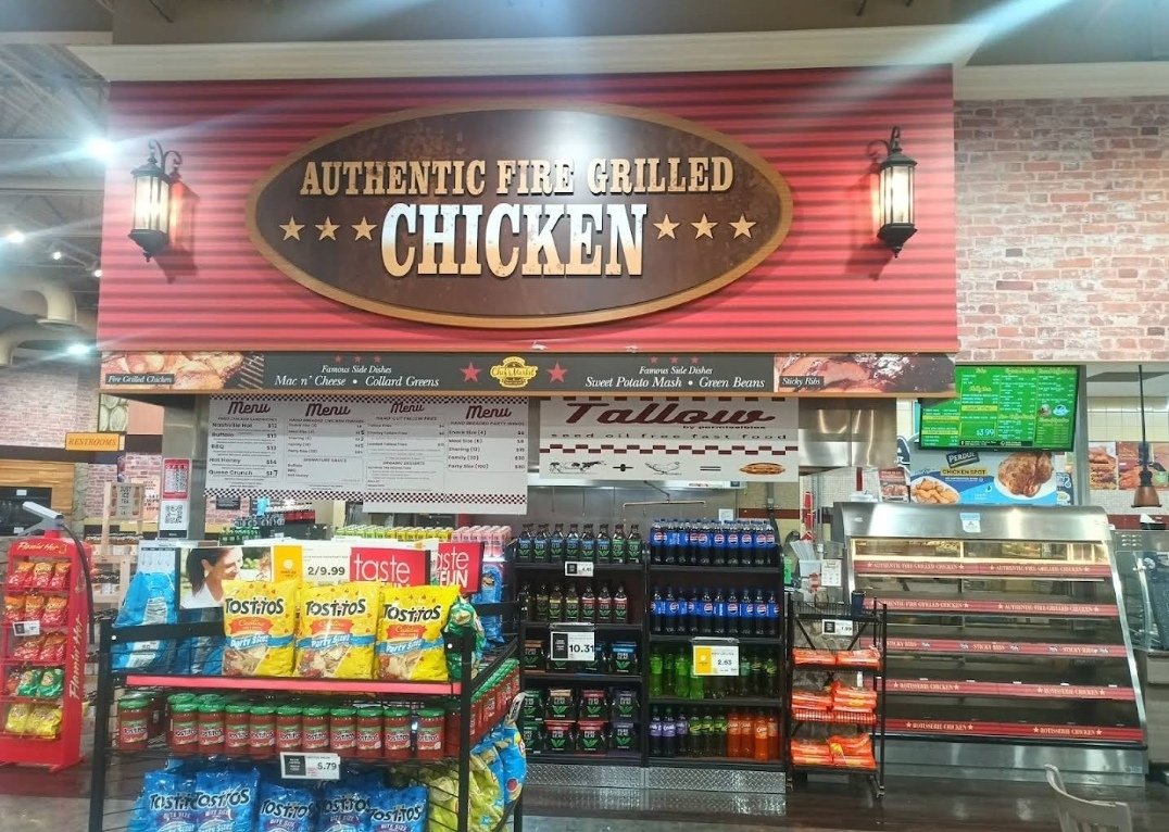 HTTP_Lovecraft's tweet image. This "restaurant" (?) is inside a ShopRite. The sign above it doesn't say "Tallow." It's next to the grocery store's totally separate chicken section??? The website has a totally different name, not "Tallow." The closing hours are insane. This is so funny.