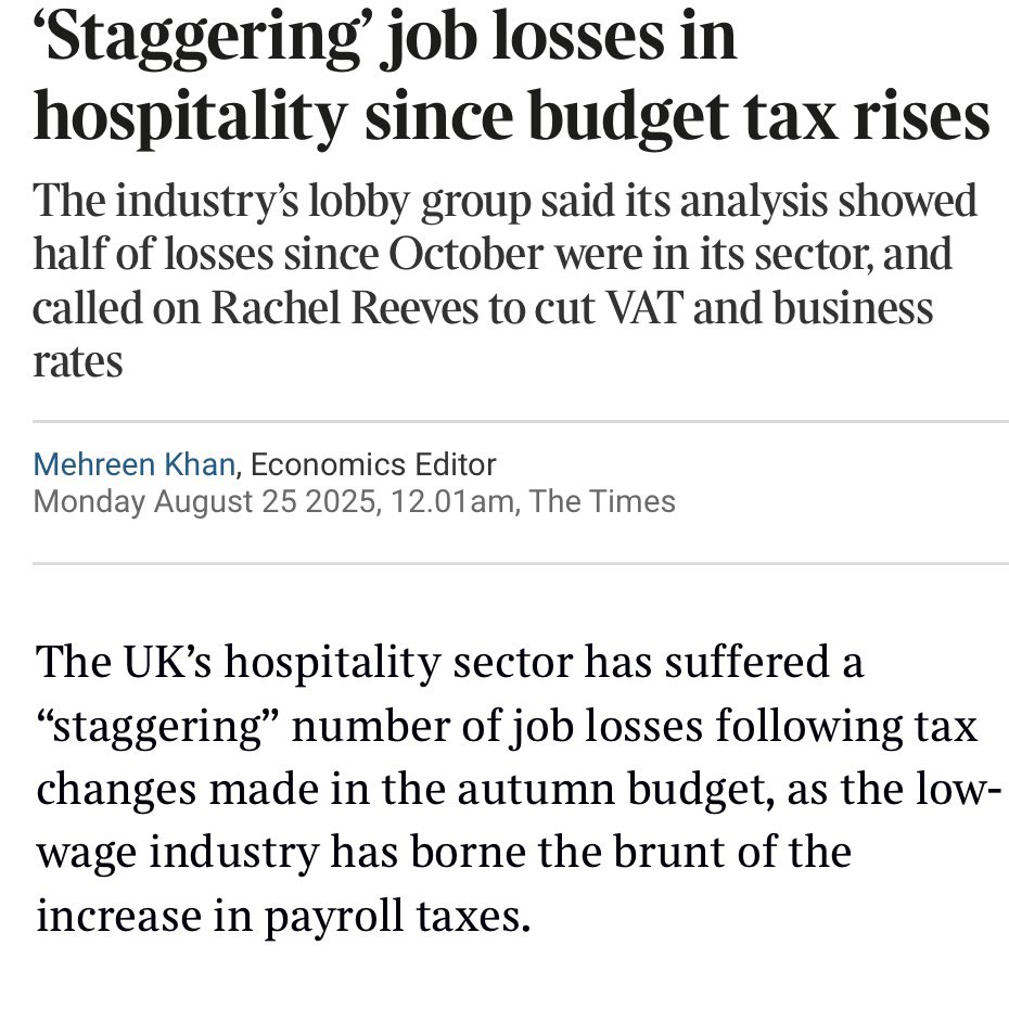 griffitha's tweet image. Rachel Reeves was warned of precisely this yet went ahead anyway.

The impact on high streets and communities will be substantial; on those who have lost their jobs much greater.

It beggars belief and yet rather than cut her out-of-control spending, she plans more tax rises.