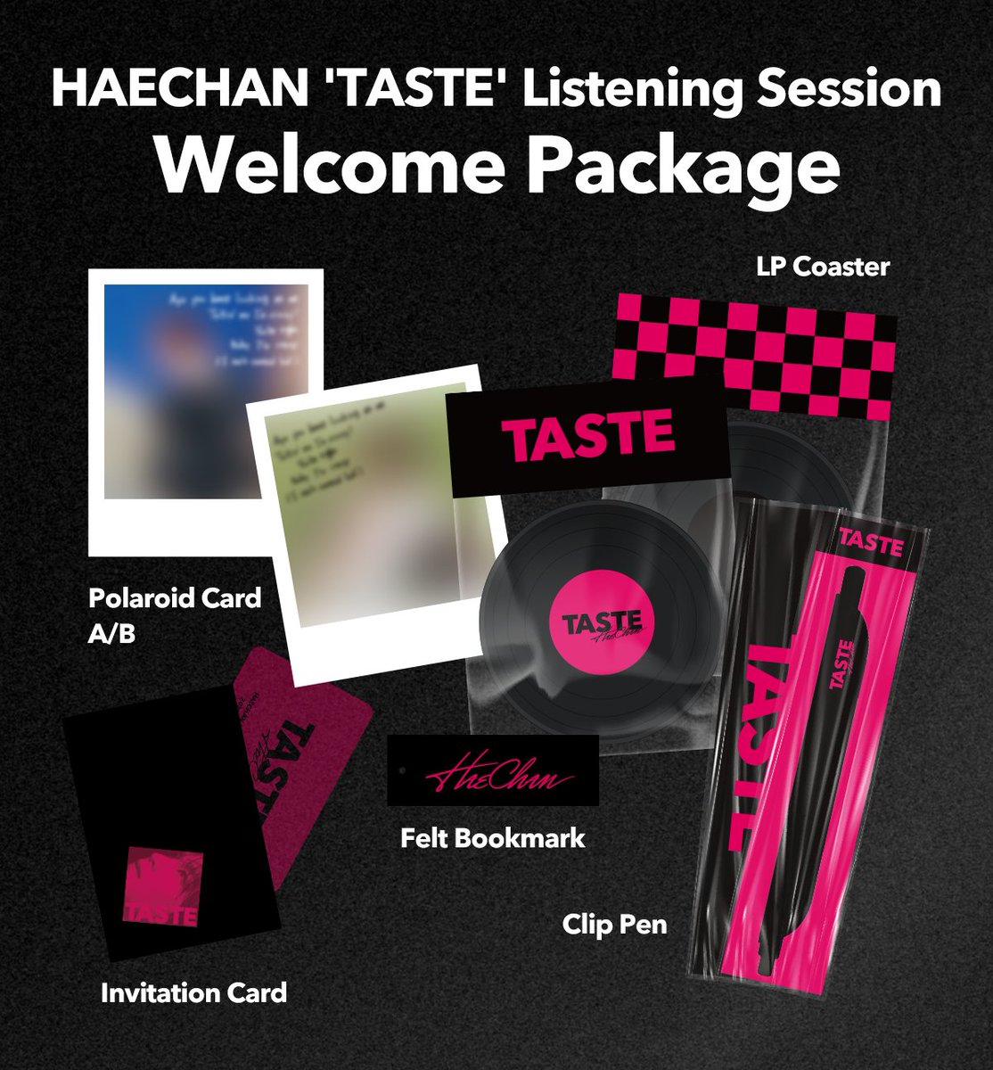 [💿] #해찬 정규 1집 'TASTE' 발매기념 
#케타포 HAECHAN 'TASTE' 음감회 Welcome Package Preview 👀

🎁Welcome Package🎁
☑️ Invitation Card
☑️ Polaroid Card A/B
☑️ Clip Pen
☑️ Felt Bookmark
☑️ LP Coaster

#HAECHAN #해찬 
#TASTE #HAECHAN_TASTE 
#NCT #NCT127 #NCTDREAM
#Ktown4u_event