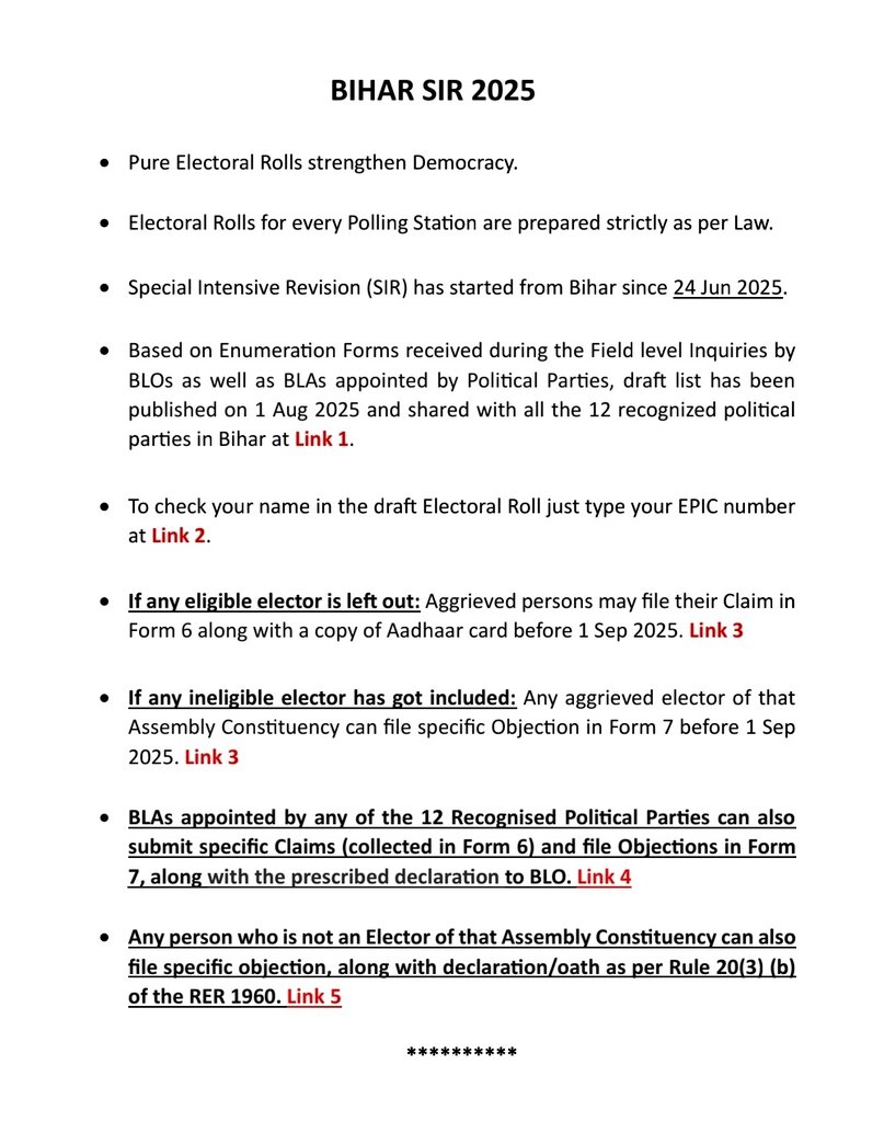 Please Read #Bihar #SIR  DAILY BULLETIN: 1st Aug(3 PM) till 25 Aug (10 AM)at: tinyurl.com/bdnztyct

Other Ref. Links:
Link 1: tinyurl.com/3te8dcda
Link 2: voters.eci.gov.in/home/enumFormT…
Link 3: voters.eci.gov.in
Link 4: tinyurl.com/ye26vjxs
Link 5: tinyurl.com/bt2dred2