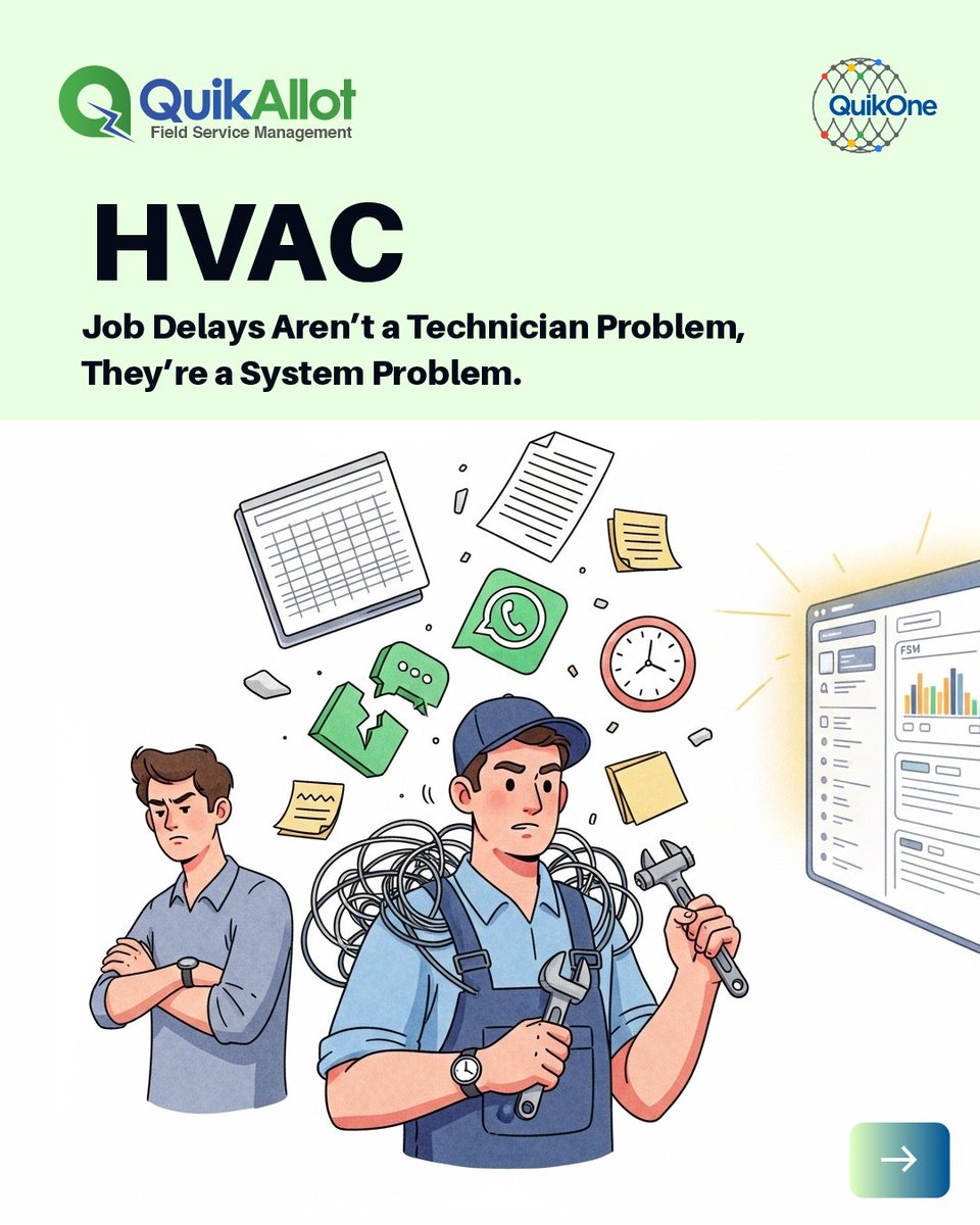 quikonesolution's tweet image. #HVAC job delays aren’t a technician problem — they’re a system problem. That’s why successful service teams run on QuikAllot FSM.  

Power your HVAC operations with clarity.

👉Book your demo today: quikone.com/demo/ 

#FieldServiceManagement #QuikAllot #FSMSoftware