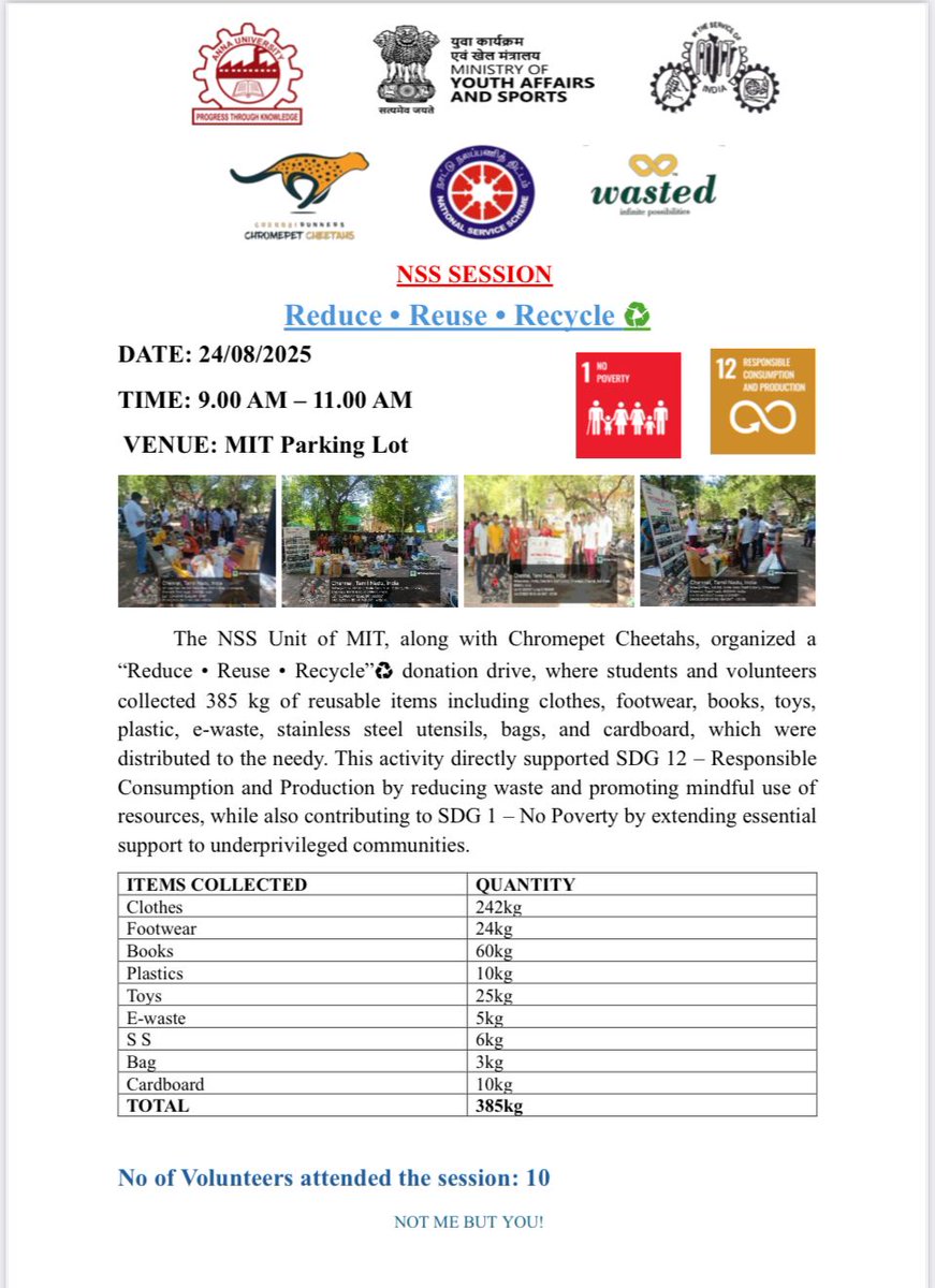 NSSANNAUNIV's tweet photo. #NSSMIT with #IndiaWastedTrust #ChromepetCheetahs Running Club, Reduce • Reuse • Recycle Donation Drive.✅ 385 kg  clothes, footwear, books, toys, utensils, e-waste distributed to the needy. #SDG01 #NoPoverty #ReduceReuseRecycle #SDG12 #responsibleconsumptionandproduction https://t.co/BulRDUWDn8