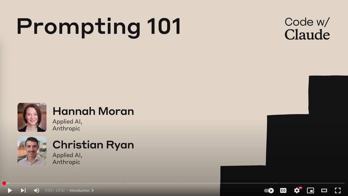 Claude Prompting 101 提示词结构太好了
总结一下：
1.确定角色和任务描述
2.上下文的动态/检索内容
3.详细的任务说明
4.给例子
5.重复关键信息
6.预防幻觉：
-如果不知道所问的答案或过程，说“我不知道”
-在回答之前思考并只在非常自信的情况下才回答
-从长文档中查找相关引用，使用相关引用进行回答