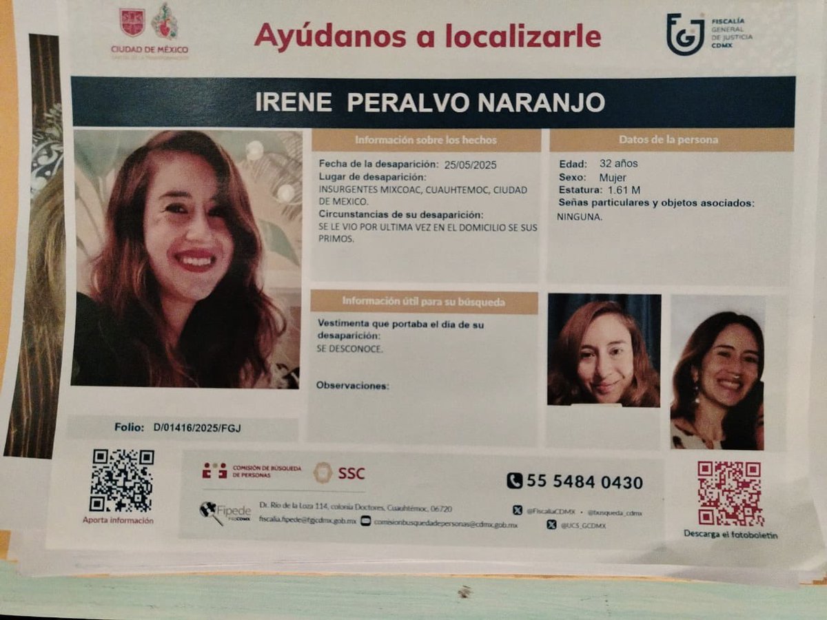 🔴Ayúdanos a localizarla, se llama Irene Peralvo es de Ecuador🇪🇨

🔴La última vez que se le vió fue en la Colonia Insurgentes Mixcoac, Ciudad de México el 25/05/2025

<a href="/aliciabarcena/">Alicia Bárcena</a> _ ojalá pueda orientar a la familia, están desesperados al no haber una embajada que los apoye 🇪🇨