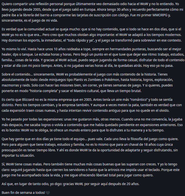 AchoDune's tweet image. Este fin de semana una bruja nocheterna ha compartido en los foros su pensamiento respecto al por qué hay una sensación generalizada de odio/queja hacia WoW.
No puedo estar más de acuerdo con su opinión, me siento totalmente identificado.