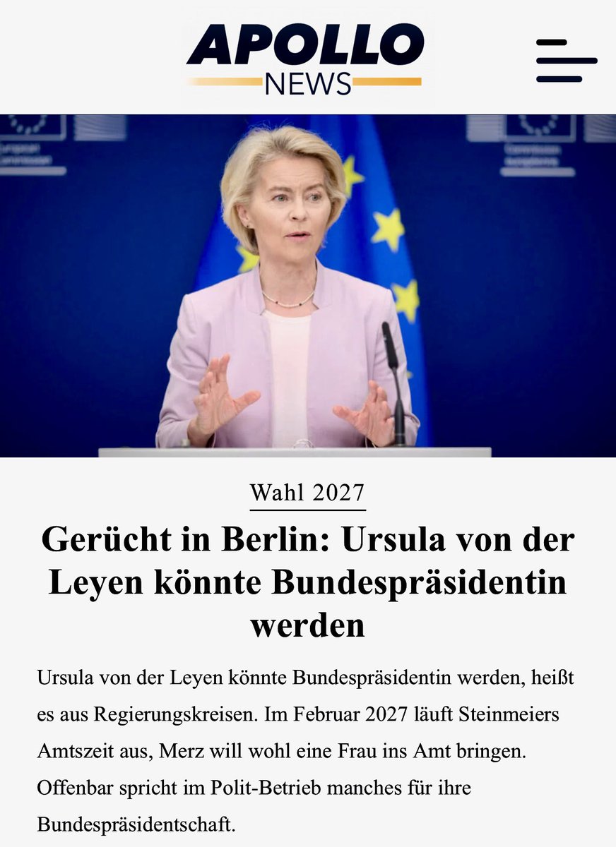 Um Gottes Willen! 

Ursula von der Leyen könnte 2027 deutsche Bundespräsidentin werden.

Wollt Ihr das? 

Dagegen = Repost

Dafür = Like
