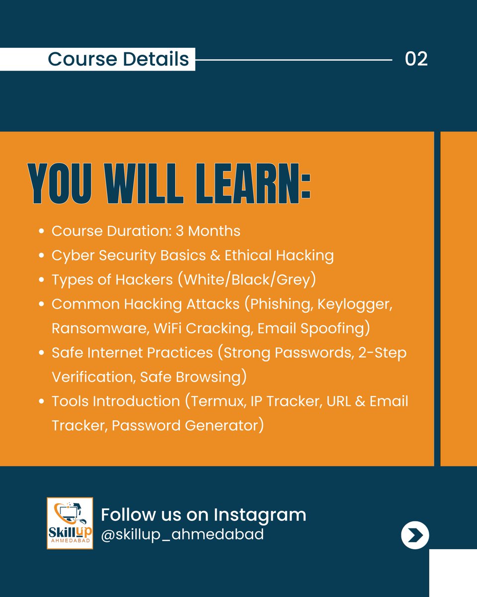 SkillUPAmd's tweet photo. 👉 Seats are Limited – Enroll Now &amp; Level Up Your Skills!
.
.
#SkillUpAhmedabad #CyberSecurityCourse #EthicalHackingAwareness #LearnCyberSecurity #DigitalSkills #CyberSmart #HackSmart #CyberSecurityTraining #ITTrainingAhmedabad #SkillDevelopment #ComputerTraining #CyberSafety https://t.co/6xVscDYpOk