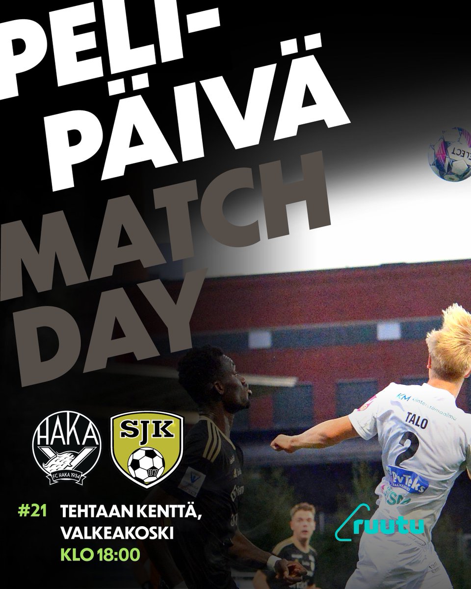 FC Haka Valkeakoski (@fchakaofficial) on Twitter photo 𝗣𝗘𝗟𝗜𝗣Ä𝗜𝗩Ä | 𝗠𝗔𝗧𝗖𝗛 𝗗𝗔𝗬
Tänään Tehtikselle!🖤🤍
Otteluisäntänä Kiertokapula
⚽️FC Haka vs SJK
⏱ 18.00
🏟 Tehtaan kenttä, Valkeakoski
🎫 Liput lippu.fi/artist/fchaka/
📺 Live: Ruutu+
#FCHaka <a href="/Veikkausliiga/">Veikkausliiga</a>
📸 Jussi Rämä 𝗣𝗘𝗟𝗜𝗣Ä𝗜𝗩Ä | 𝗠𝗔𝗧𝗖𝗛 𝗗𝗔𝗬
Tänään Tehtikselle!🖤🤍
Otteluisäntänä Kiertokapula
⚽️FC Haka vs SJK
⏱ 18.00
🏟 Tehtaan kenttä, Valkeakoski
🎫 Liput lippu.fi/artist/fchaka/
📺 Live: Ruutu+
#FCHaka <a href="/Veikkausliiga/">Veikkausliiga</a>
📸 Jussi Rämä